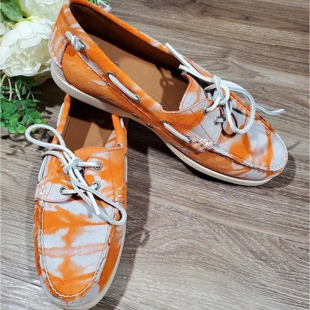 Ralph lauren orange tie dye suede leather men's loafers deck shoes size 11 new!!
